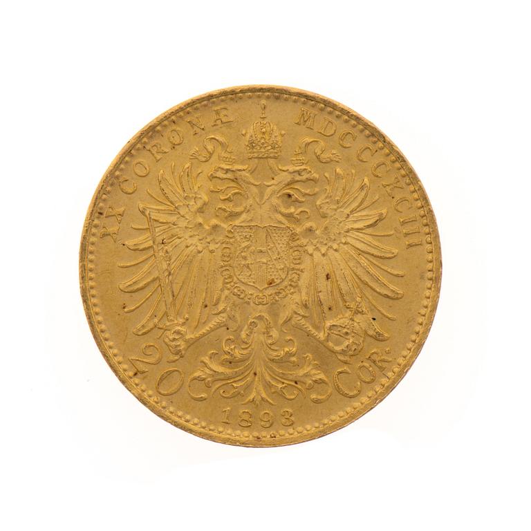 KULTARAHA, 20 cor., Franz Joseph I 1893, kultaa (900).