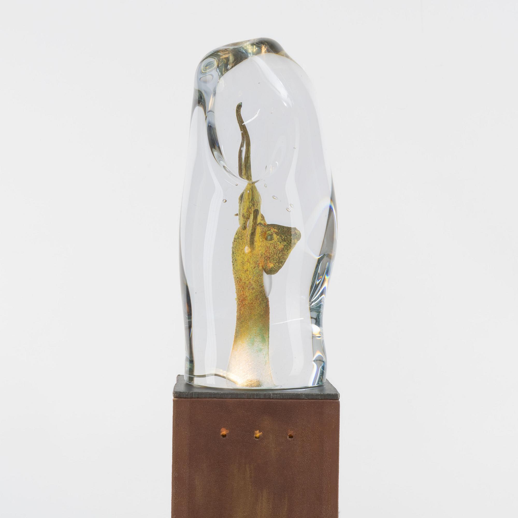 Kjell Engman, skulptur, glas, unik, på piedestal, Kosta Boda.