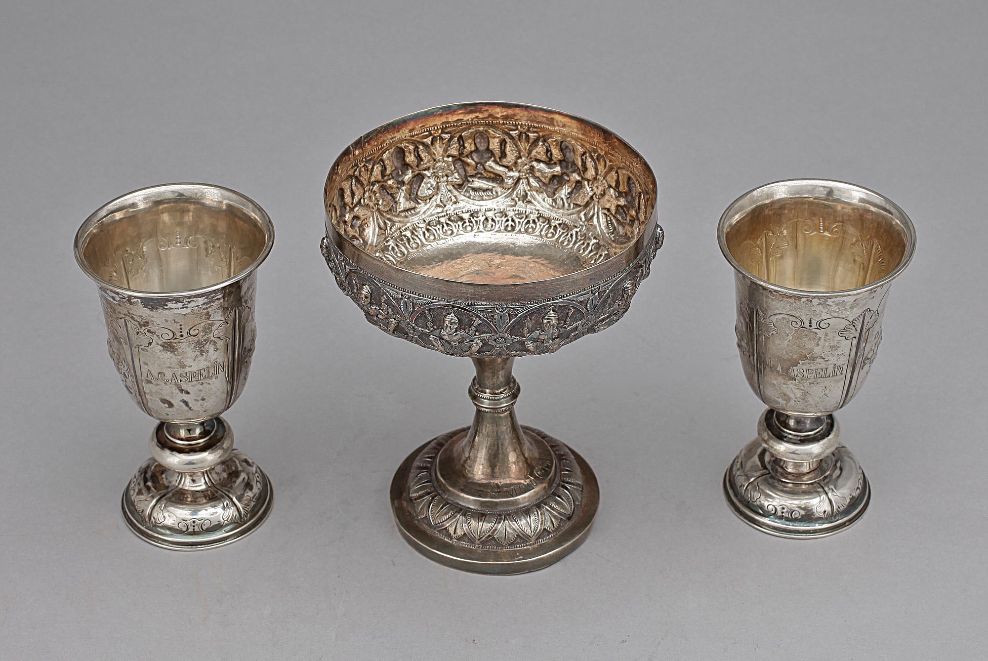 BÄGARE, silver, 3 st, bla Gustaf Dahlgren, Malmö, 1874, vikt 391,9.