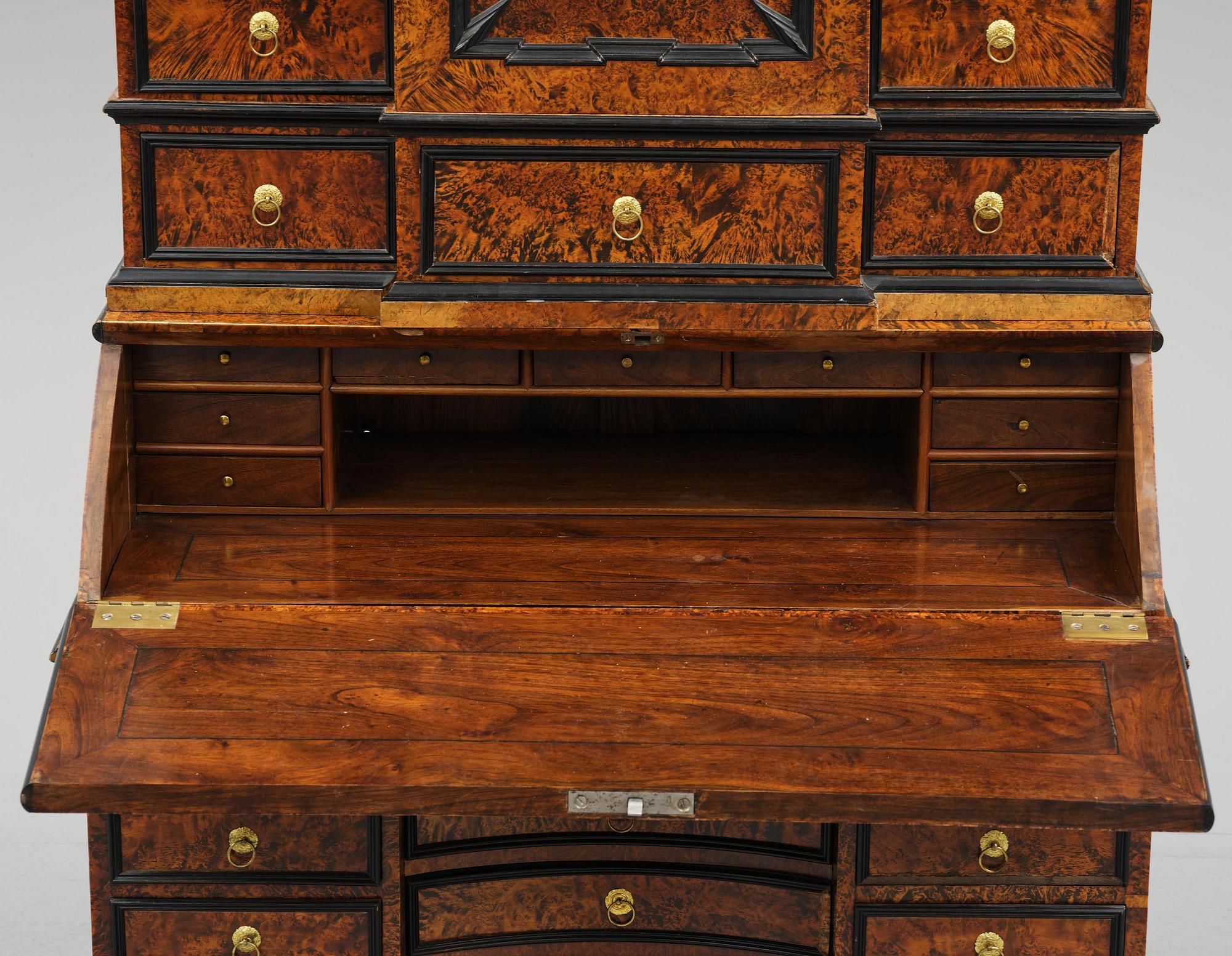 A Swedish burr-elm late baroque writing cabinet, first part 18th century.