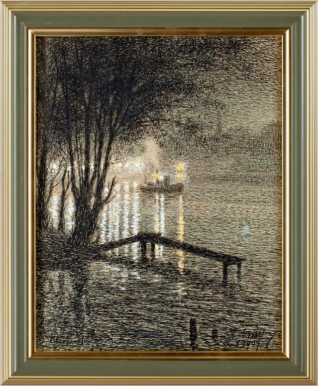 ERIK TRYGGELIN, teckning, täckvitt. "Vid Klara sjö" Sign och dat April 1909.