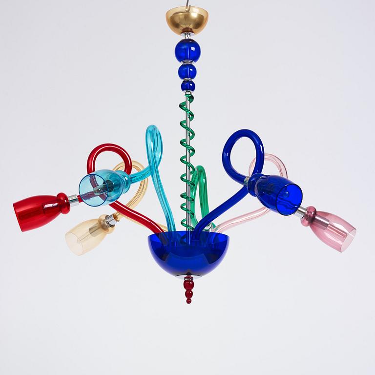 A multi coloured six light chandelier, Murano, Italy, around the year 2000.