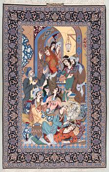 A figural part silk Esfahan rug, signed Saide Atrian . Around 249 x 160 cm.