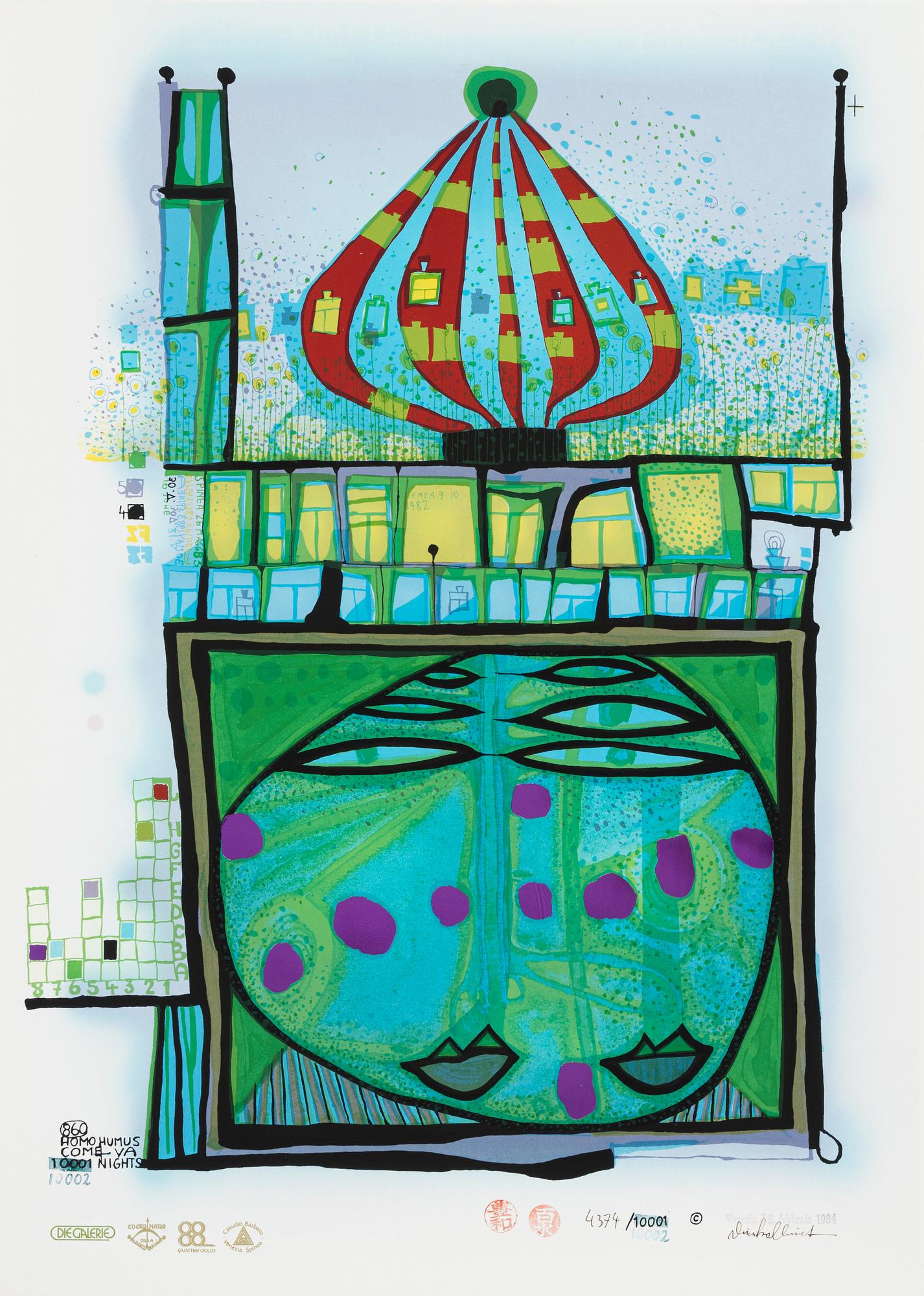 Friedensreich Hundertwasser, photo lithograph and silk screen with metal embossing, 1984. Signed and numbered 4374/10002.