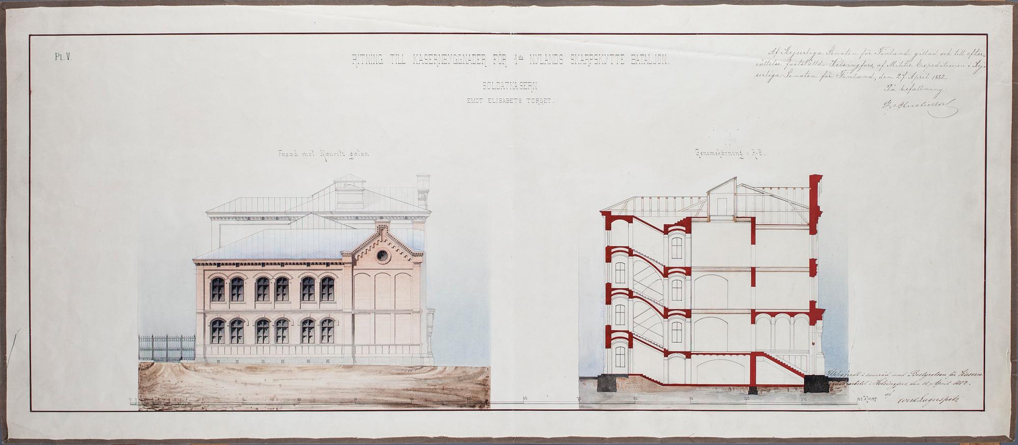 ARKITEKTRITNINGAR, 2 st, akvarell, daterade 27 april och 16 augusti 1882 i Helsingfors.
