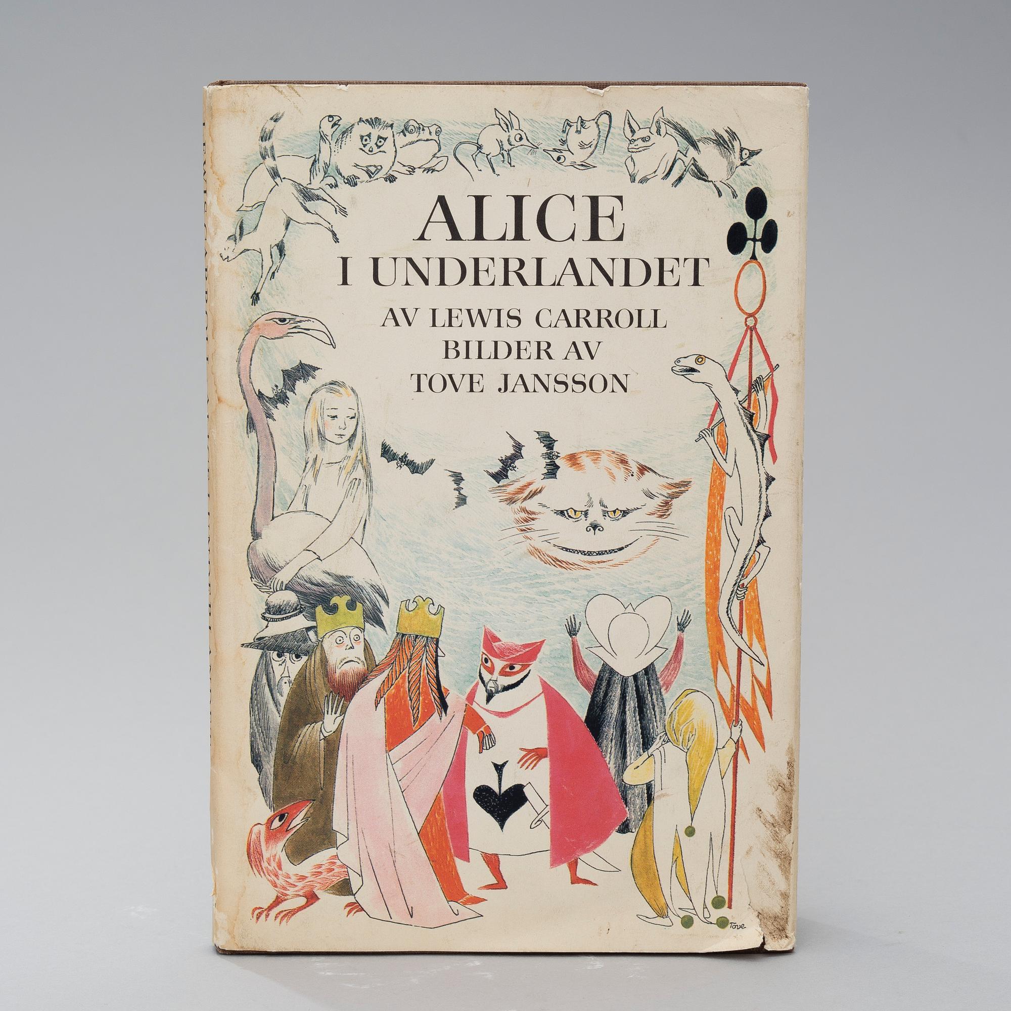 Four books by Tove Jansson and one by L. Carroll illustrated by Tove Jansson. 1945-1966. Signed drawing in one book.