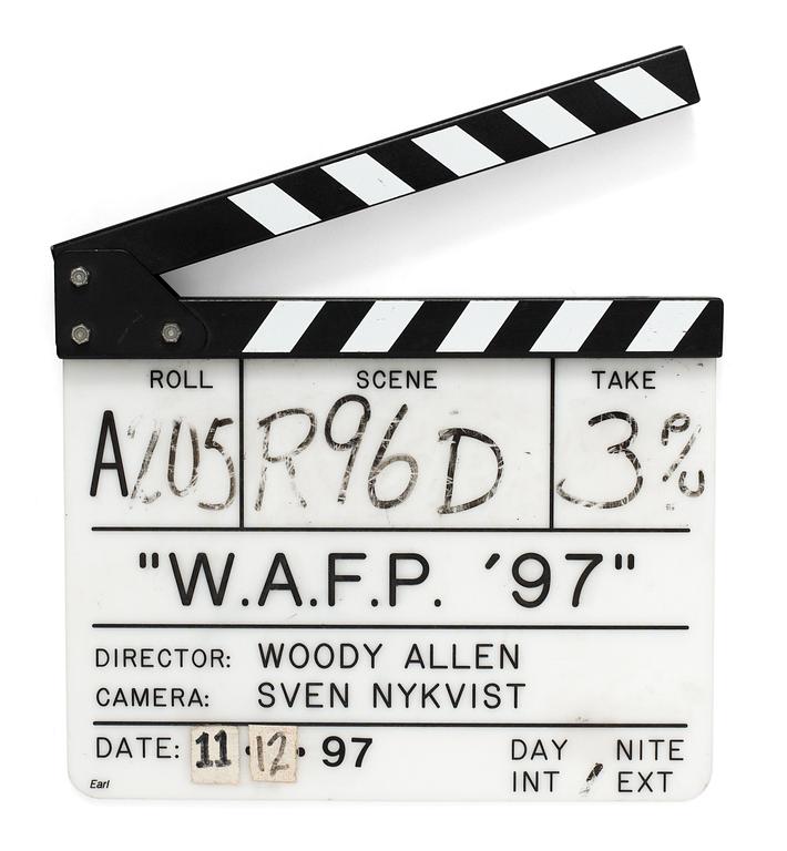 CLAPPER BOARD from the movie-making of the movie "W.A.F.P 97", Celebrity life, USA 1997. Director: Woody Allen.