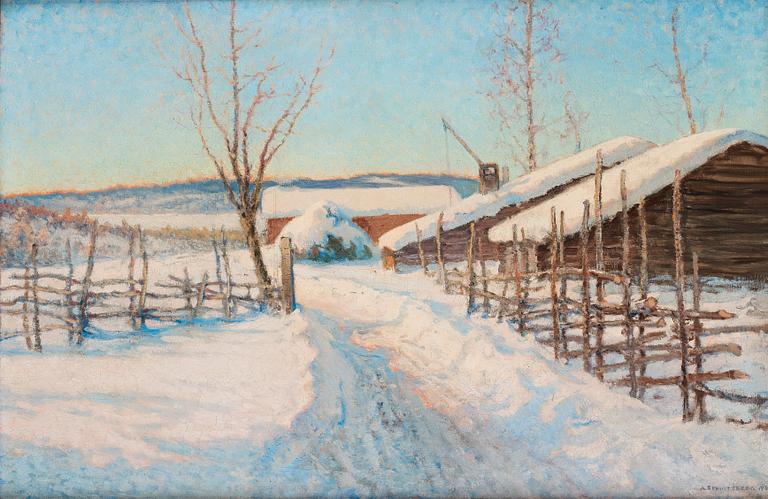 Anshelm Schultzberg, "Vinterdag (motiv från södra Dalarne - Bergslagen)" [Winter landscape from Dalarna in Sweden].