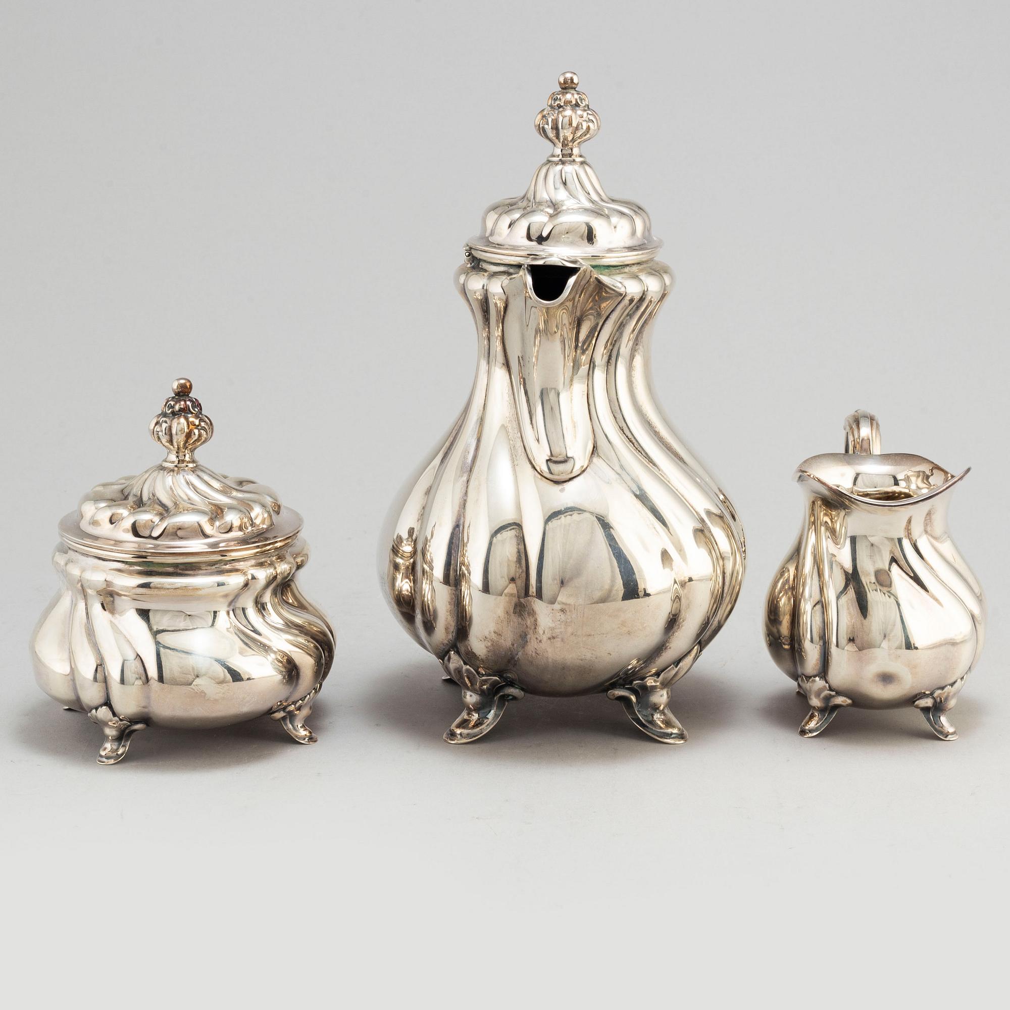 AXEL OHLSSON, kaffeservis, 3 delar, silver, rokokostil, Växjö 1937.