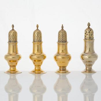 Four English 18th century silver-gilt caster-cruet, one pair marked Thomas Shepherd, 1790, one John Delmester 1760,