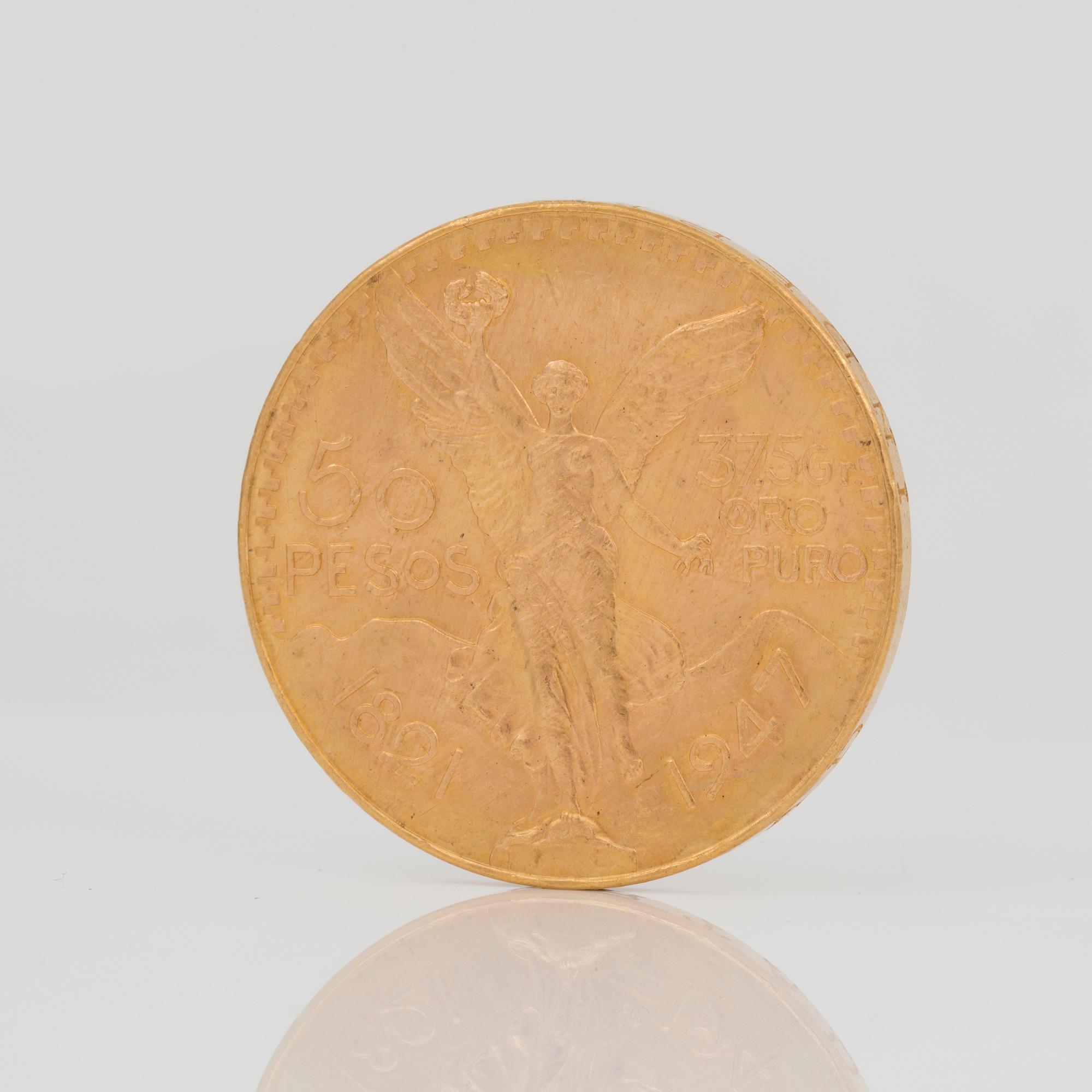 GULDMYNT, 50 Pesos Estados Unidos Mexicanos, Oro Puro. 21k, vikt ca 41 g.