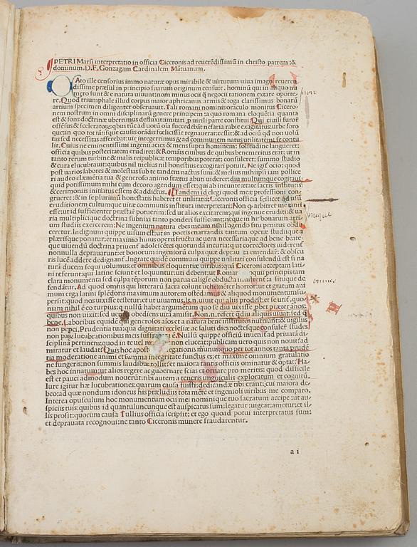 BOK, - Inkunabel, tryckt i Venedig 1481 Cicero: De Officiis.
