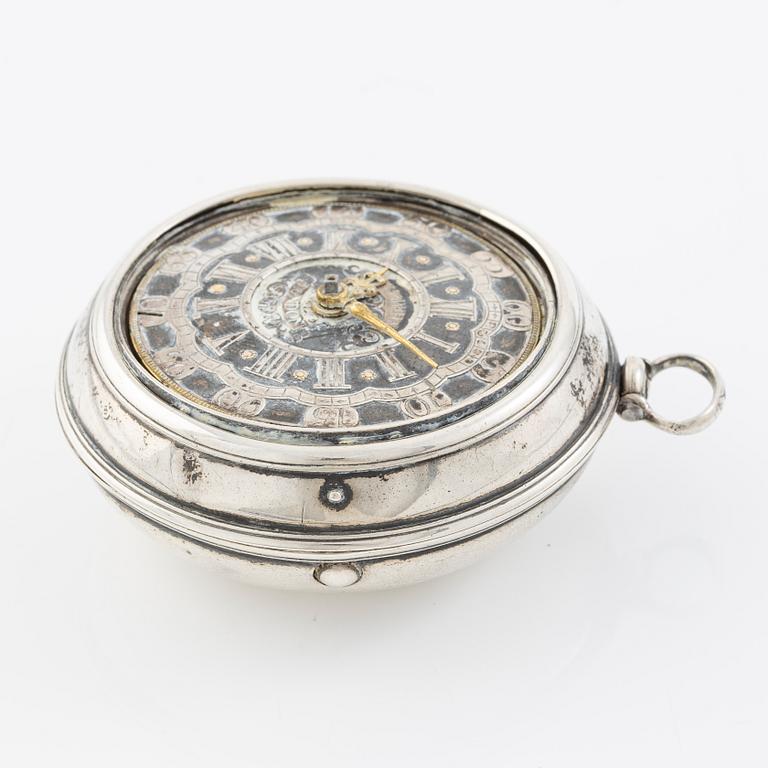 A silver double-case pocket watch by Robert Markham (watchmaker in London c 1725).
