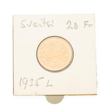 Gold coin, Switzerland, 20 Franc, 1935,