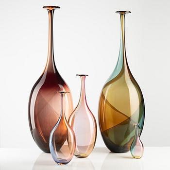 Kjell Engman, five "Fidji" glass vases, Kosta Boda, Sweden, two are limited edition.