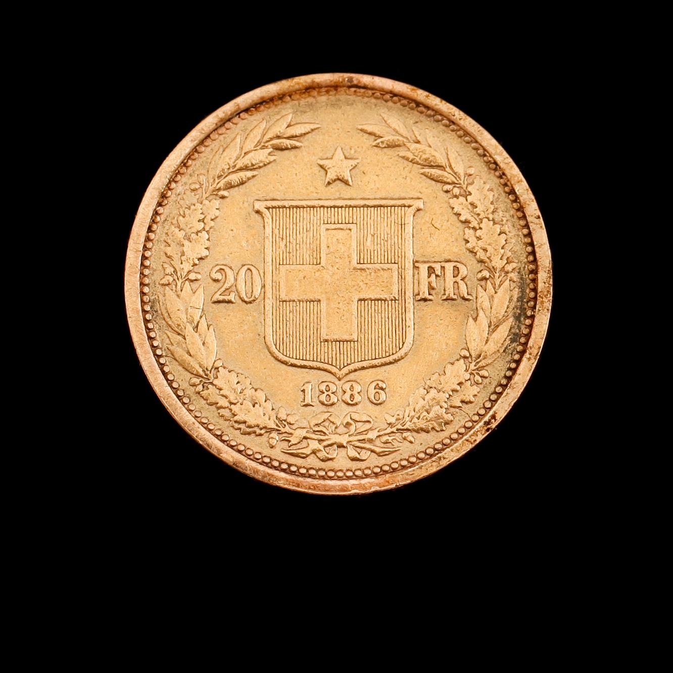 GULDMYNT, 20 franc, Schweiz, 1886. Vikt ca 6 gram.