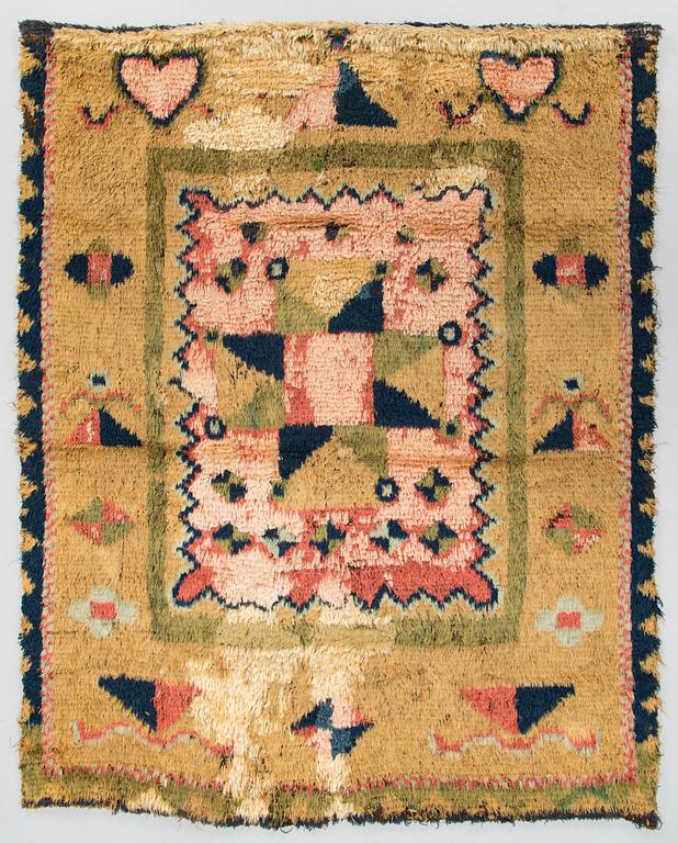 A probably late 18th Century Finnish folkart long pile ryijy-rug. Circa 170  x 140 cm.