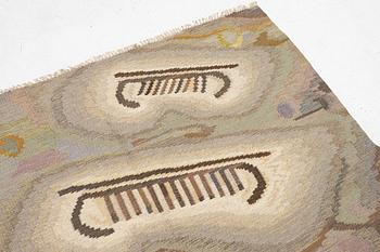 Edvin & Magnhild Lundsten, a carpet, 'Hällristningar' ('Petroglyph'), flat weave, c. 280 x 192 signed EML.