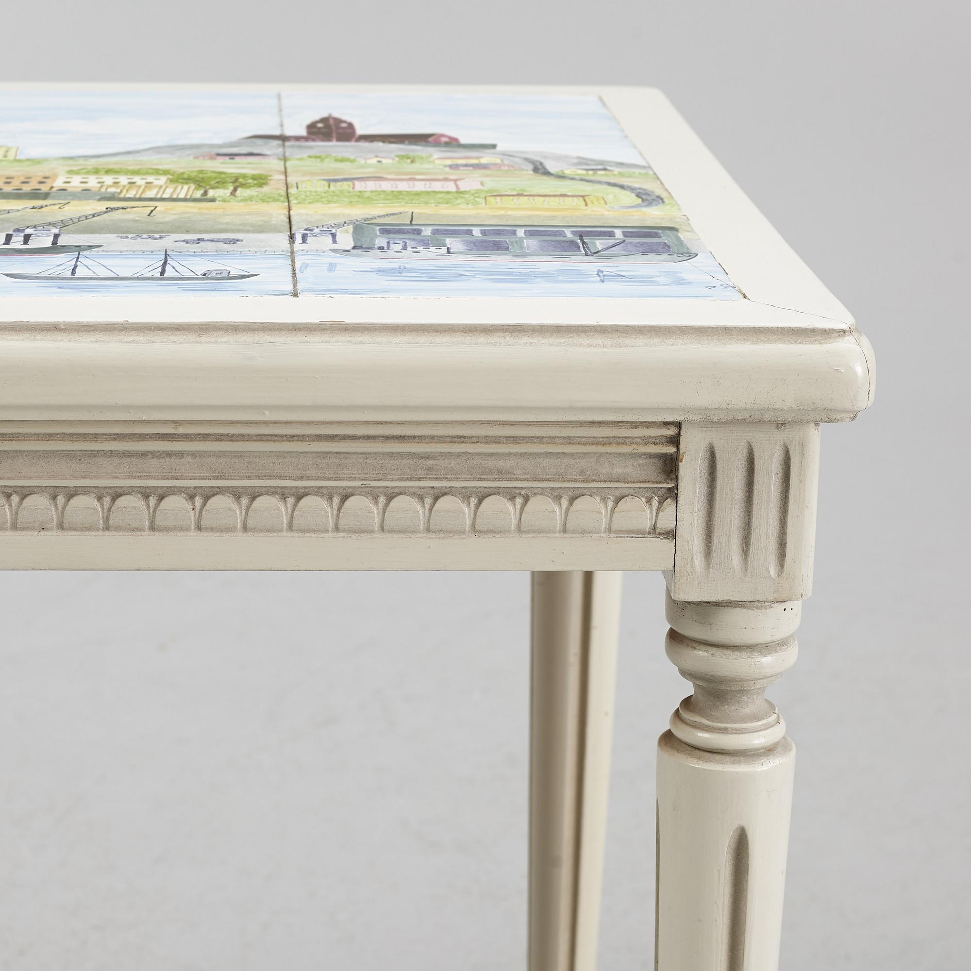 A sofa, three chairs and a table, Gustaivan style and of the Gustavian period, 19th-20th century.