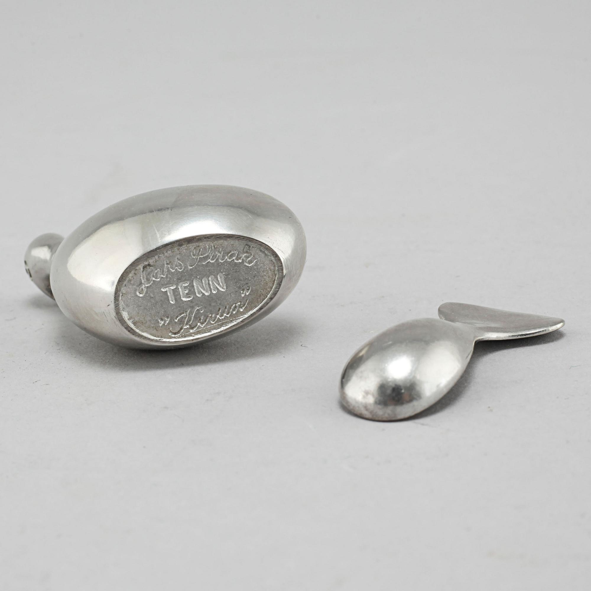 A "Kirun" salt bowl with spoon in pewter, made by Lars Pirak, second half of the 20th century.