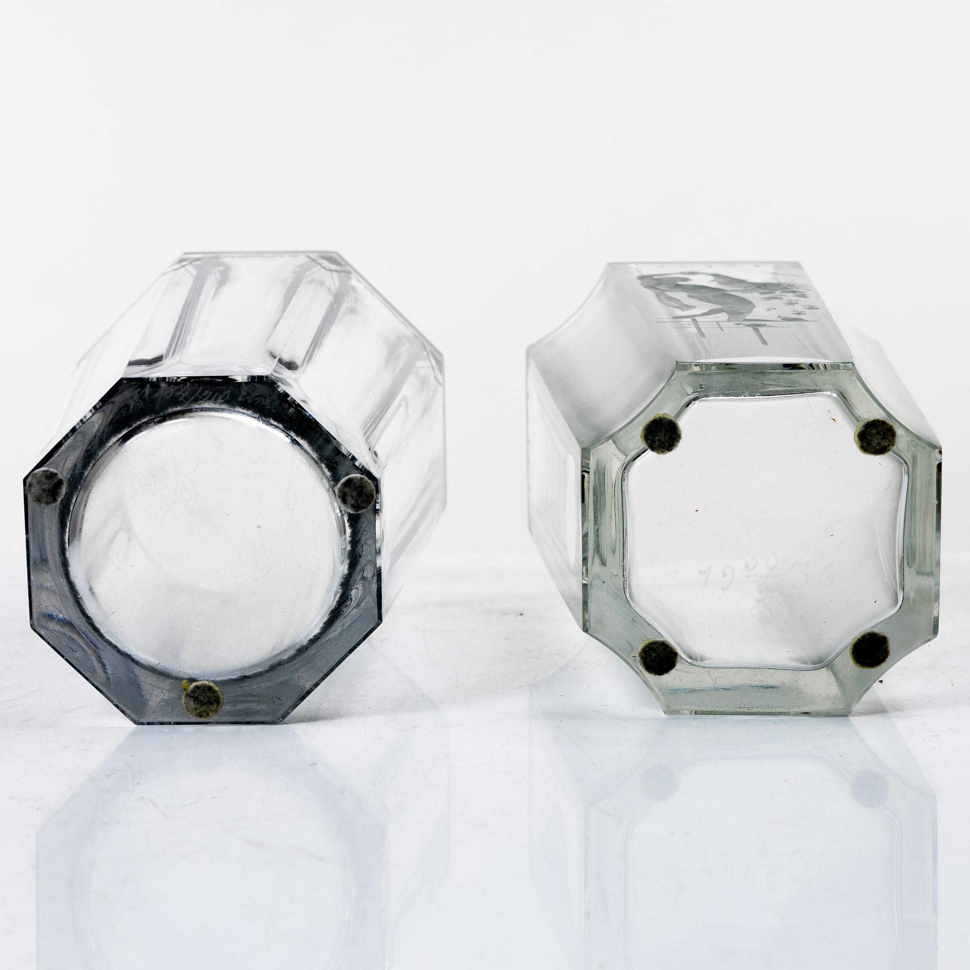 Emil Weidlich, vaser, 2 st, Elme glasbruk, 1930-tal.