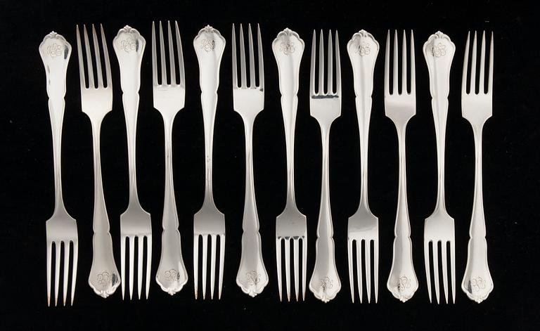 BESTICK, 80 delar, silver, "Chippendale", Kultakeskus, Tavastehus, 1950-tal. Totalvikt utan knivar ca 1963 g.