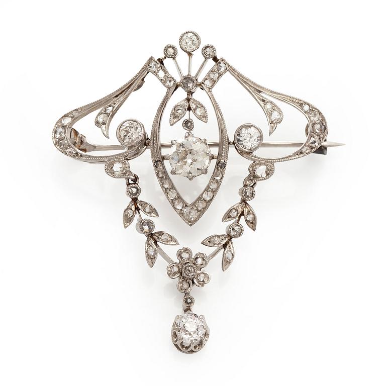 Brosch, gammal- och rosenslipade diamanter, platina.