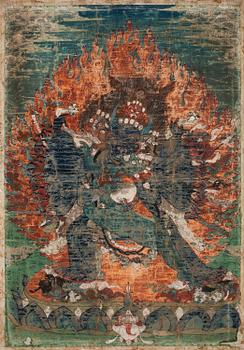 237. THANGKA, Yamantaka Vajrabhairava. Tibet, troligen 1700-tal/tidigt 1800-tal.