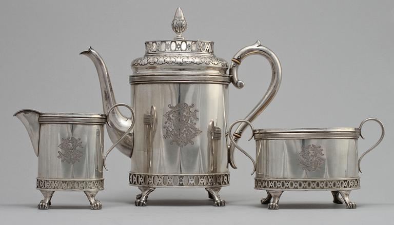 KAFFESERVIS, 3 delar, silver, C G Hallberg, 1900, vikt 1580 g.