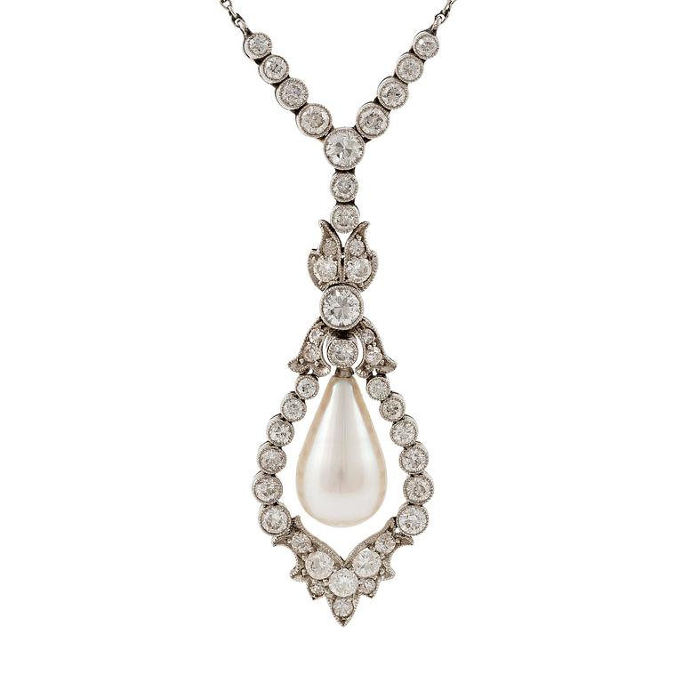 A platinum necklace with a drop-shaped pearl.