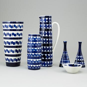 KARIN BJÖRQUIST, kanna, 4 vaser och skål  skål, stengods, "Indigo", Gustavsbergs studio 1952-53.