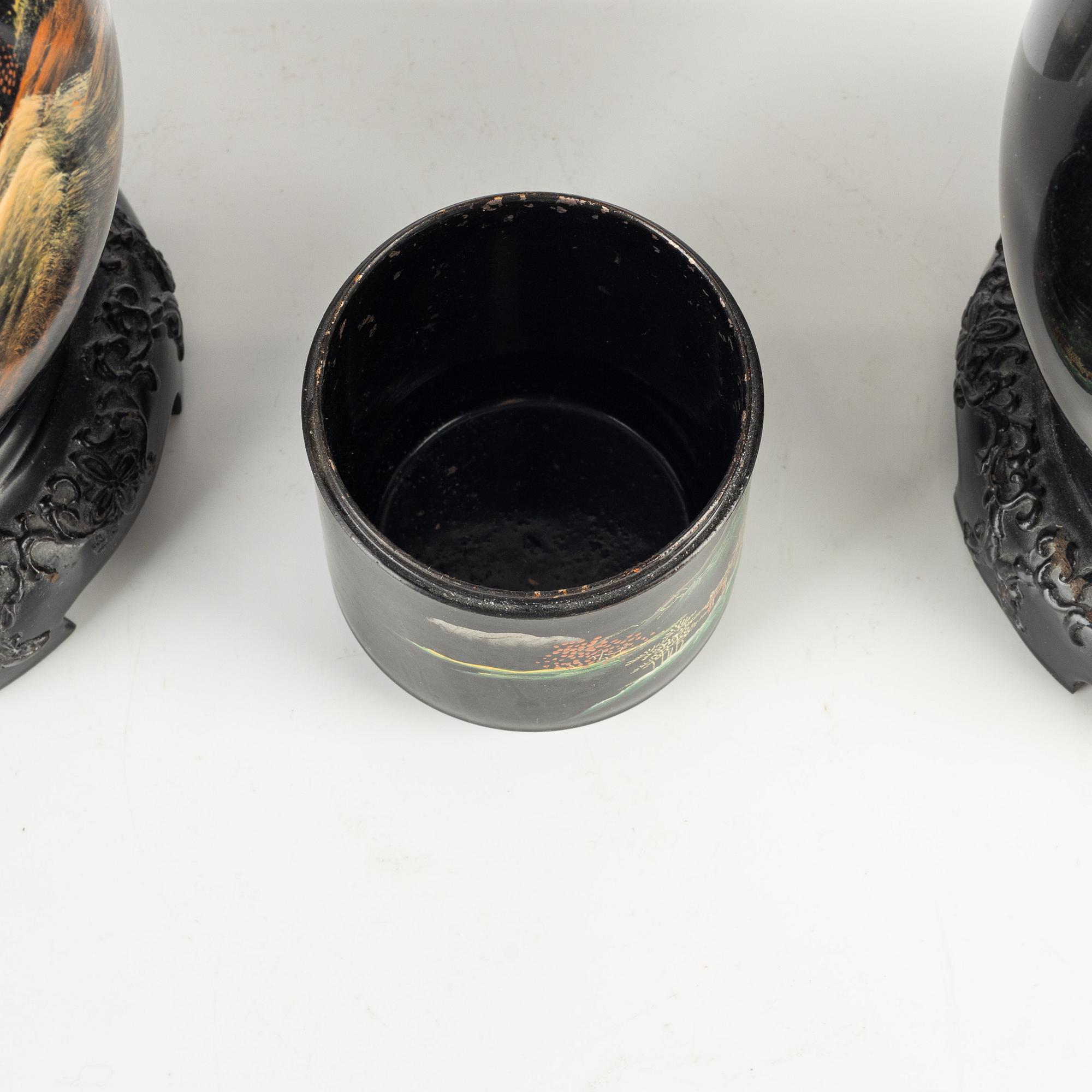 A pair of Japan lacquered vases and a brushpot/bottom for a box, around 1900.