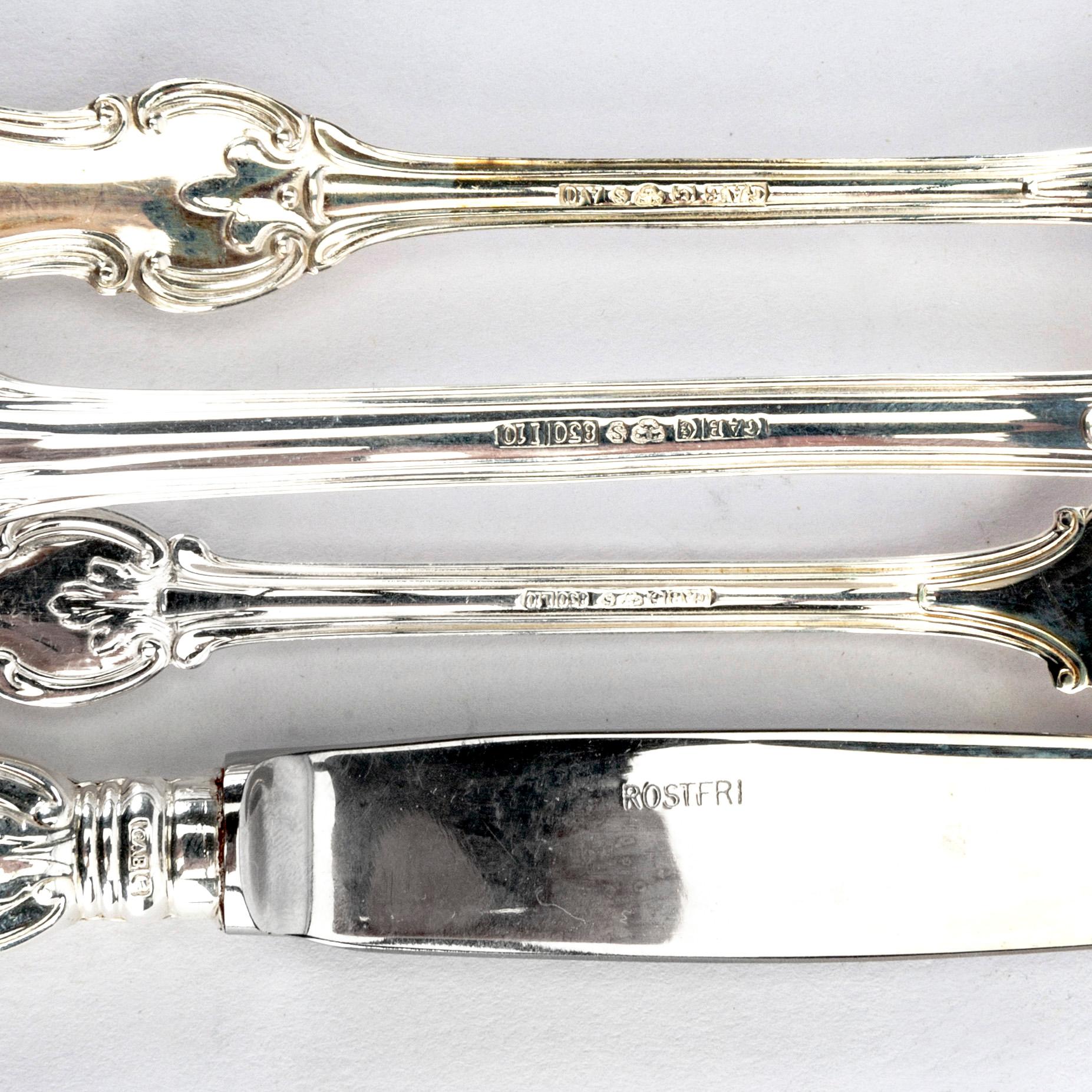 A Swedish Silver Cutlery 37 pieces, model 'Olga', marks including  GAB 1970/80:s total weight 1300 grams.