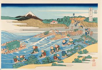 Katsushika Hokusai, efter, färgträsnitt, 5 stycken, 1900-talets andra hälft.