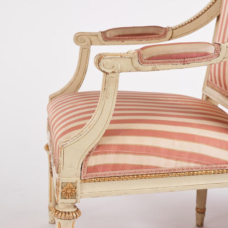 A pair of Gustavian open armchairs, Stockholm, late 18th century.