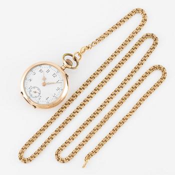 Pocket watch, 14K gold with chain, 32 mm.