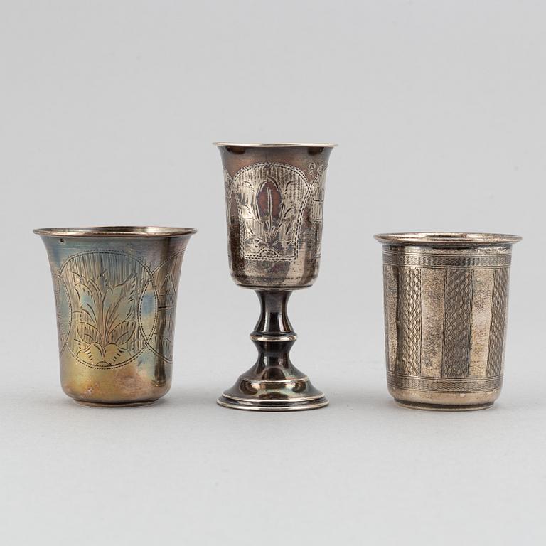 Three silver beakers, including Moscow 1893.