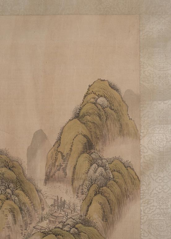Zhang Qing (Tianma Shanmin), A mountain landscape with buildings and a man riding across a bridge in the foreground.