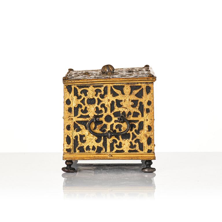 The Wrangel strongbox, a German wrought iron and steel engraved strongbox dated 1658.