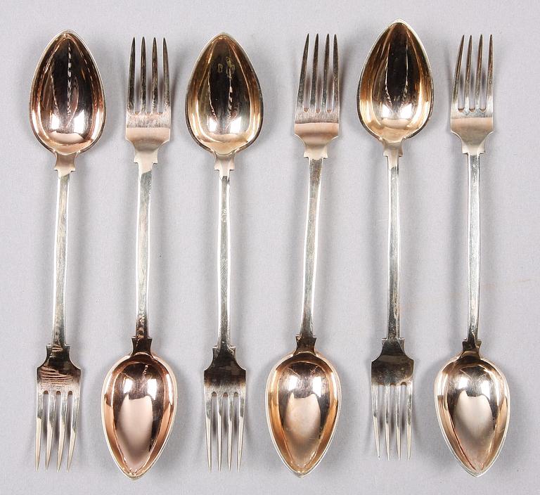 DESSERTBESTICK, 6 st, silver. Troligen Frankrike. 1830-tal.