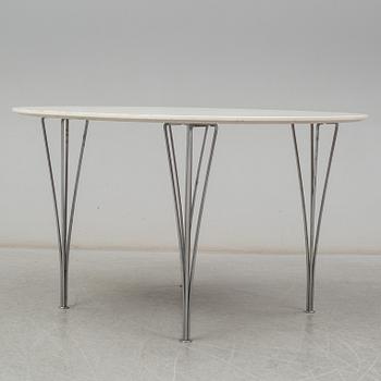 BRUNO MATHSSON & PIET HEIN, and ARNE JACOBSEN, a 'Supercirkel' table and two 'Myran' chairs, from Fritz Hansen.