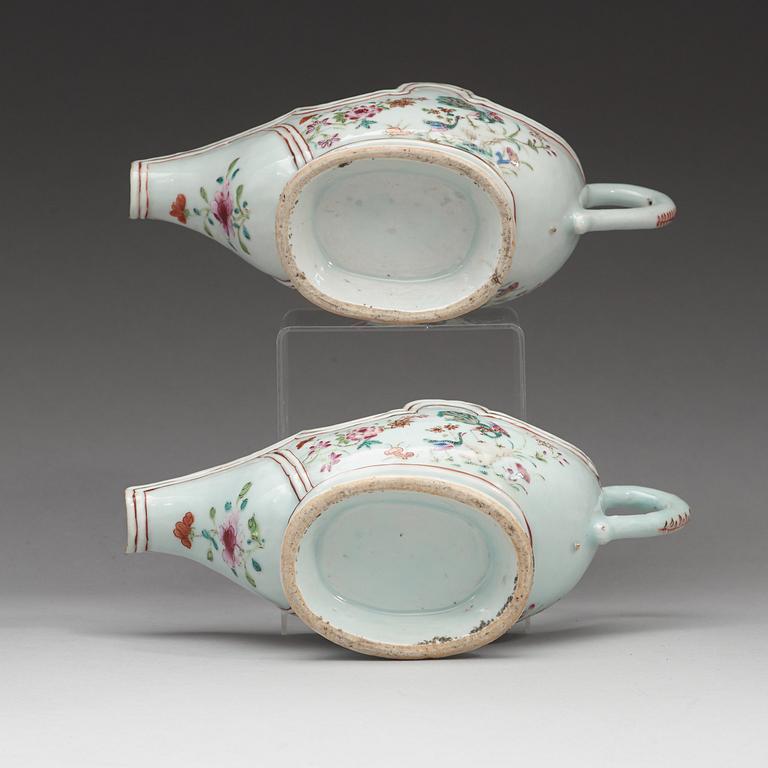 A pair of famille rose 'double peacock' sauce boats, Qing dynasty, Qianlong (1736-95).