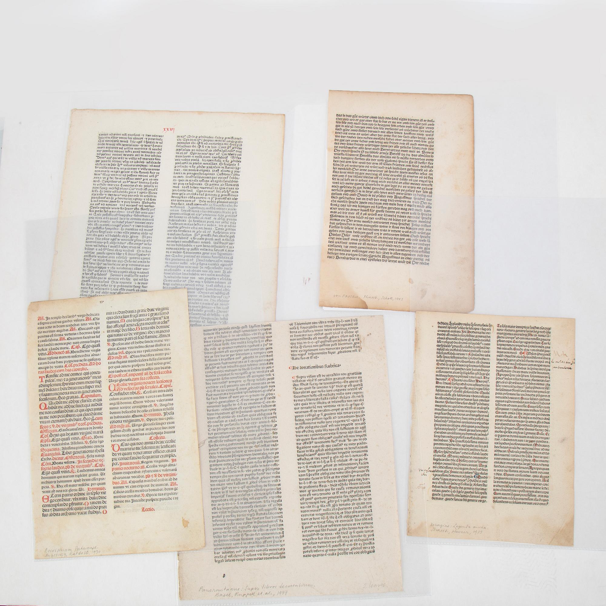 Blad ur schweiziska och tyska inkunabler samt tryckta blad, 1400-tal.