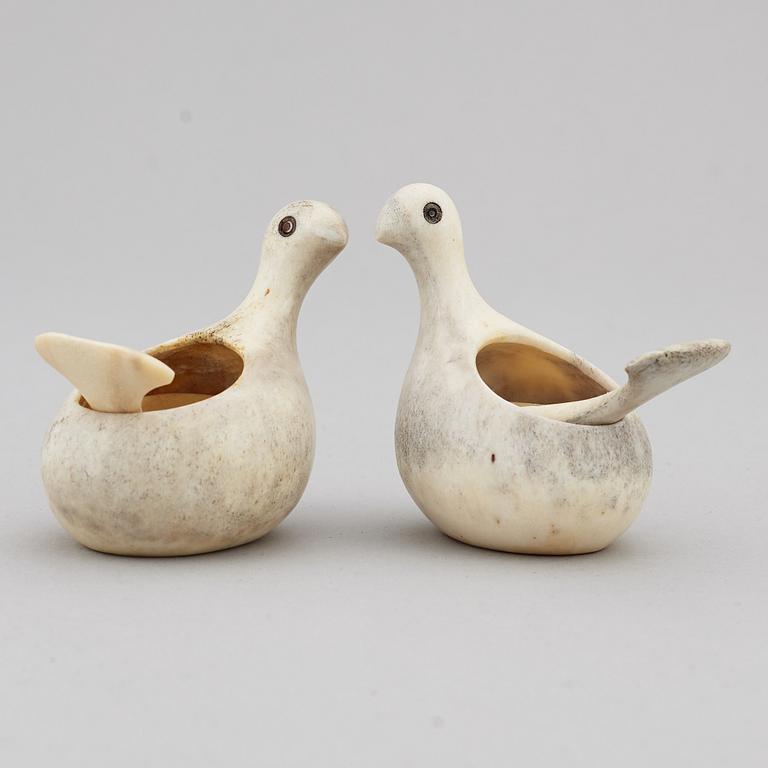 LARS PIRAK, two reindeer horn grouse salt cellars, signed.