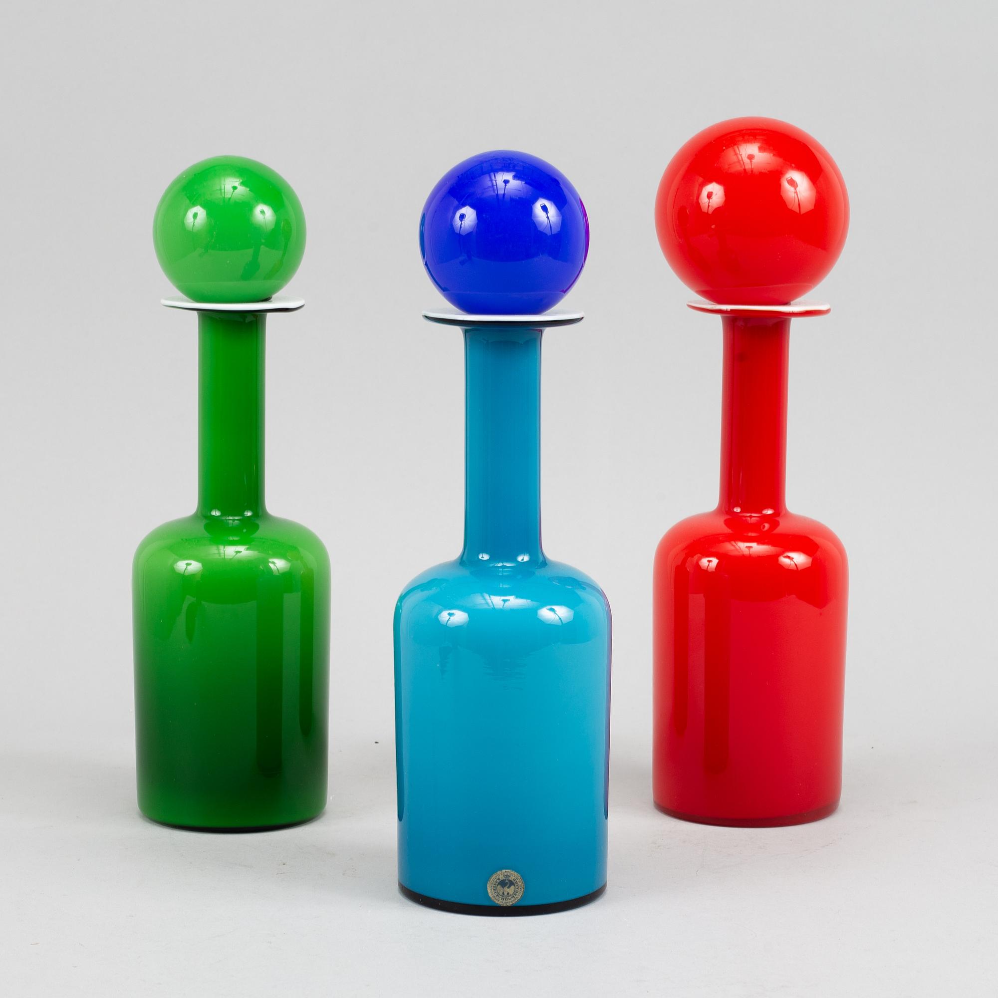 Otto Brauer, three glass vases with glass balls by Michael Bang. Holmegaard 1960s.