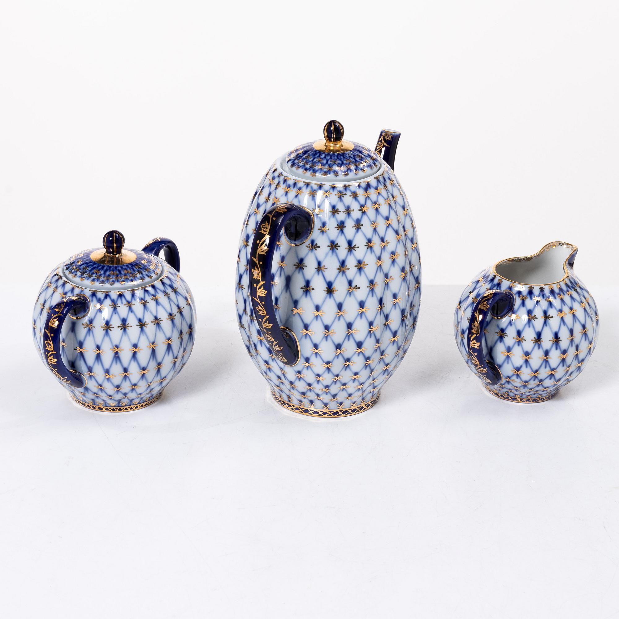 Kaffeservis, 16 delar, porslin, "Cobalt Net", Lomonosov, Sovietunionen.