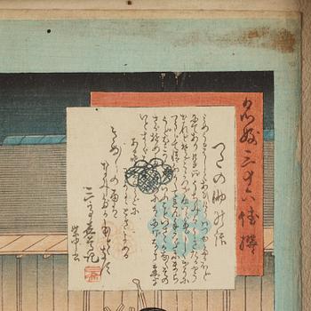 Utagawa Kunisada, four colour woodblock prints, Japan, c. 1850-60.