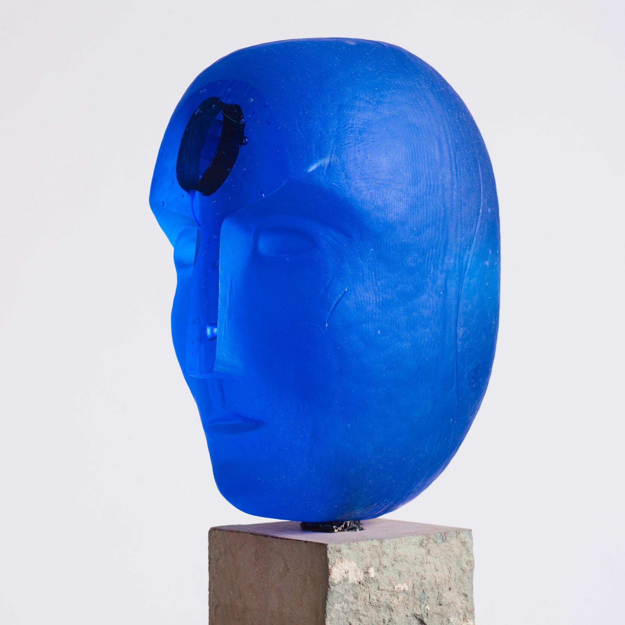 Bertil Vallien, a unique cast glass sculpture, head on stand, Kosta Boda, Sweden.