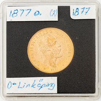 Guldmynt, Oscar II, 20 kronor, typ II, Sverige 1877.