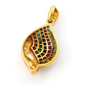 Pendant, 18K gold with emeralds, diamonds, rubies and sapphires.